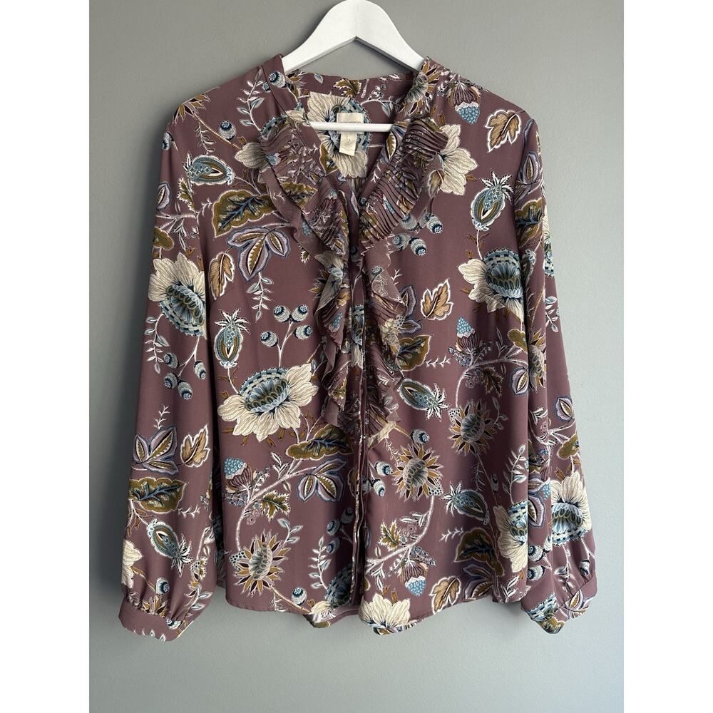Chico’s Floral Ruffle Blouse Womens 2(L) Mauve Boho Chic Long Sleeve Top Cottage